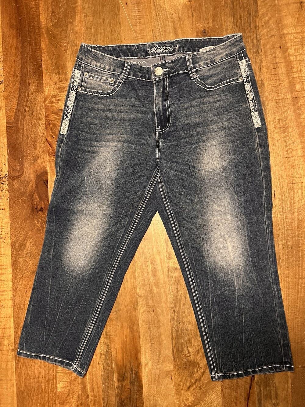 Revolt Embellished Capri Denim Jeans Y2K Cross Pockets Bling